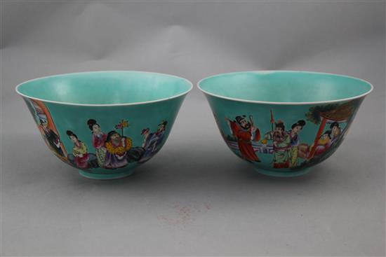 A pair of Chinese turquoise ground famille rose bowls, 20th century, 20cm.